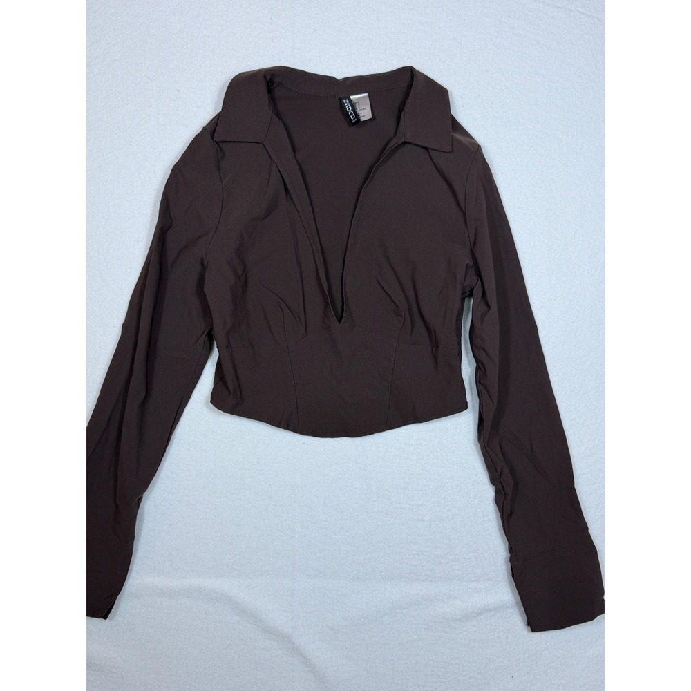 H&M Divided‎ Blouse Women Medium Brown Deep V-Neck Long Sleeve Corset Hem
